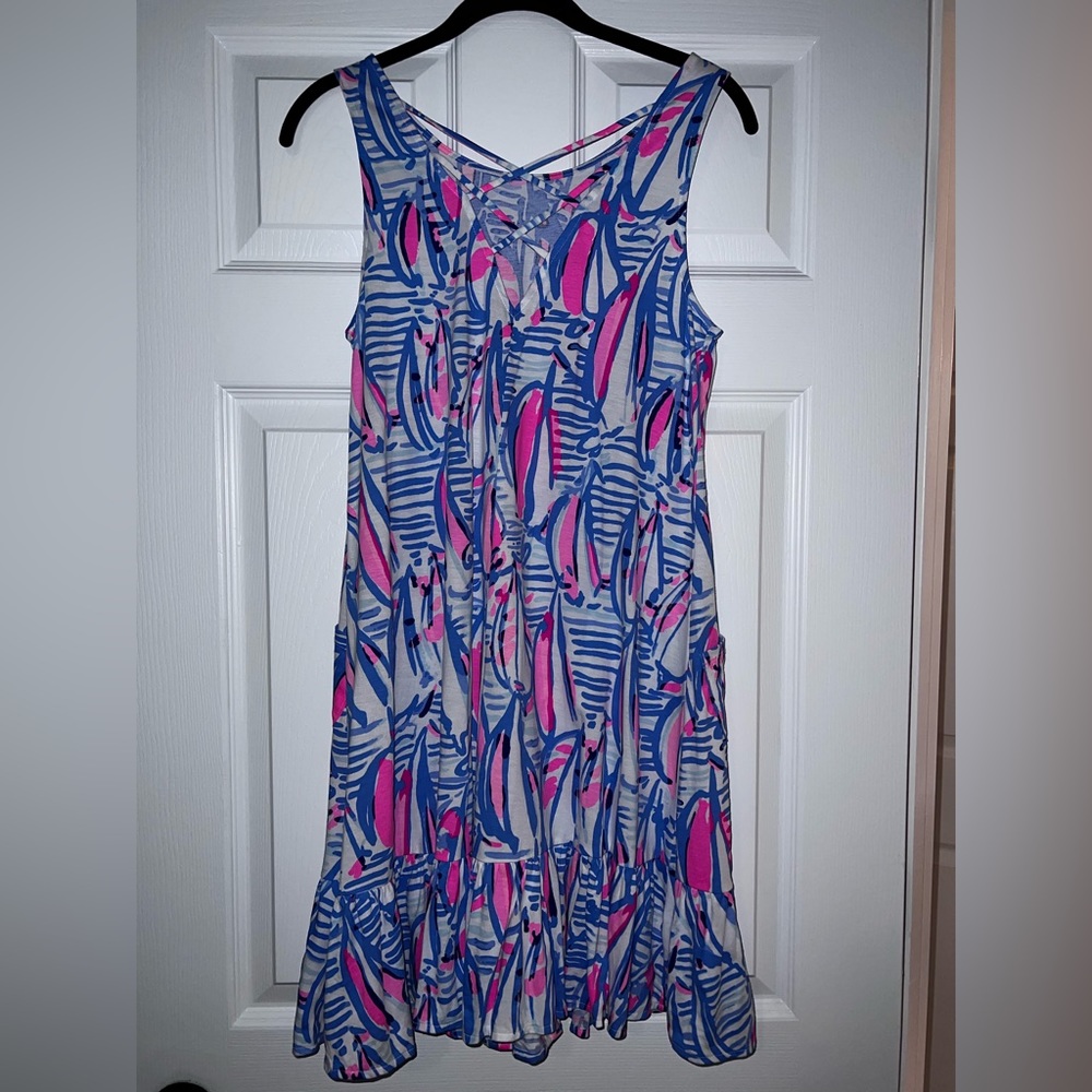 NWOT UNICORN Kristen Flounce Dress in Blue Haven pop up red right return - Picture 6 of 11